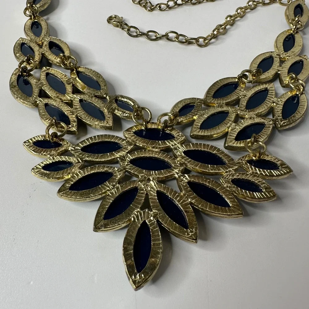 Navy Blue Marquise Rhinestone Bib Necklace Gold Tone Statement Adjustable Chain‎